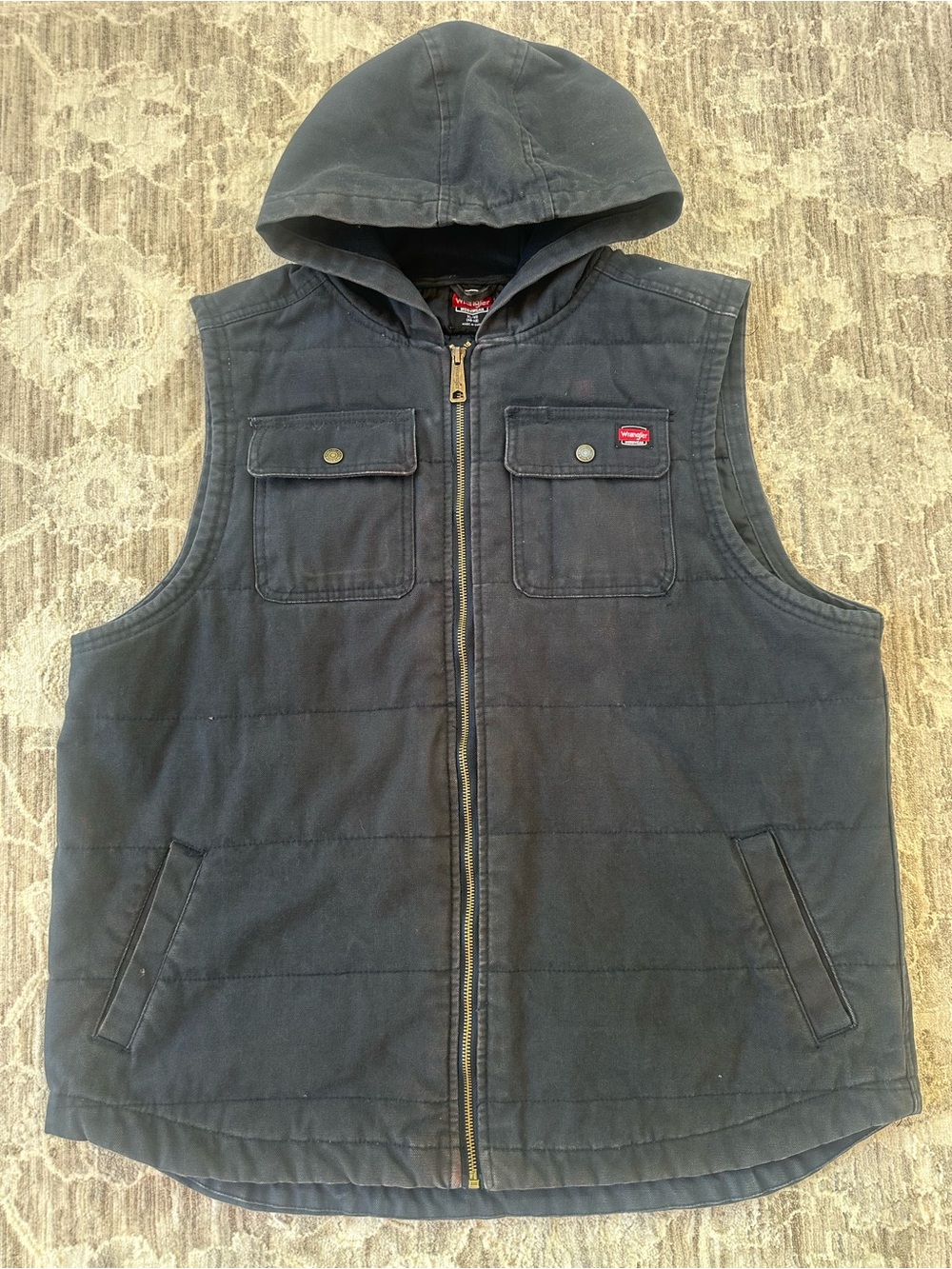 Wrangler Navy Blue Vintage Y2K Workwear Utility Quilted Hooded Gilet Vest (XL)